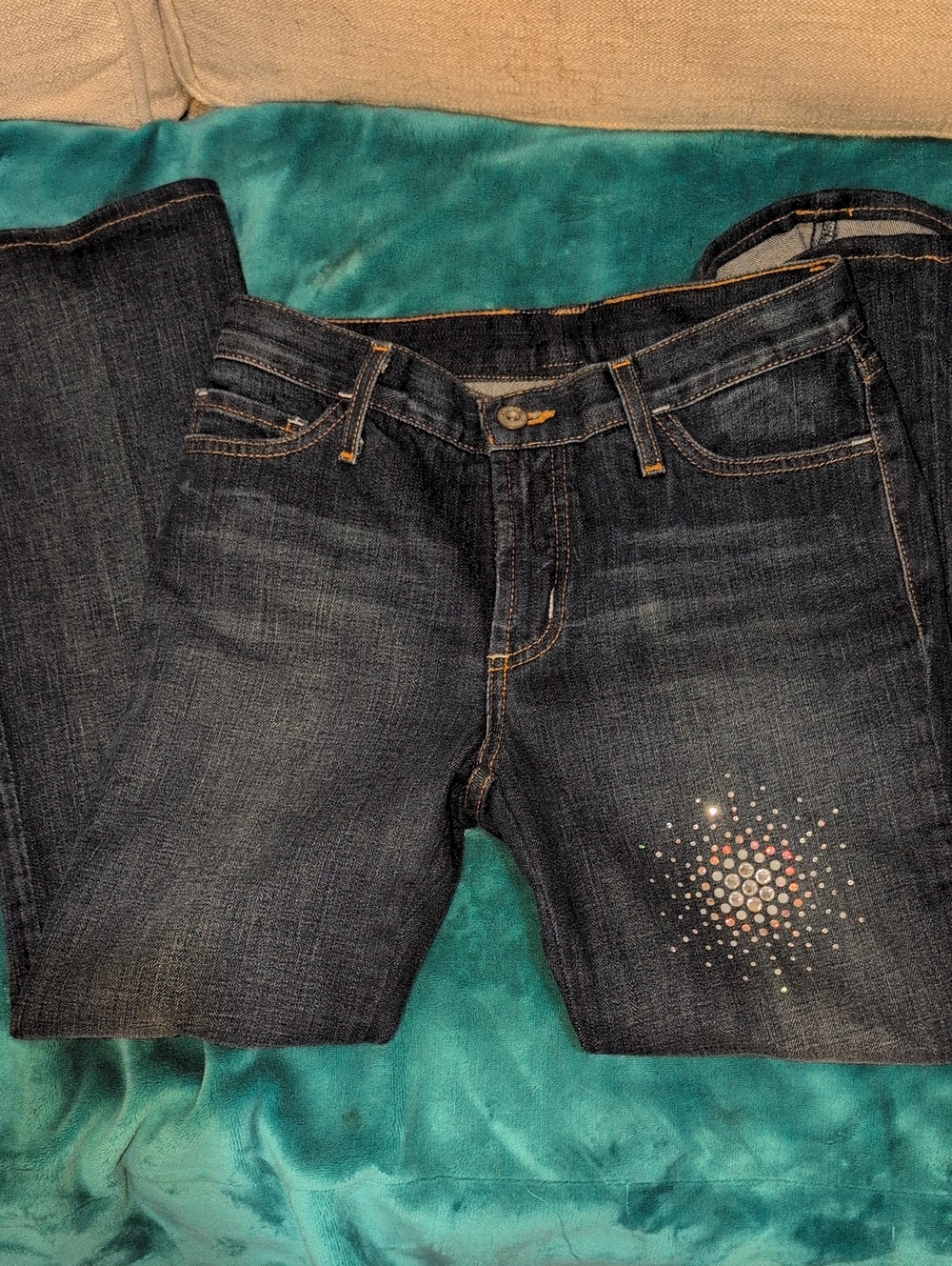 Karen Kane Low Rise Boot Cut  Denim Jeans With Embellishments
